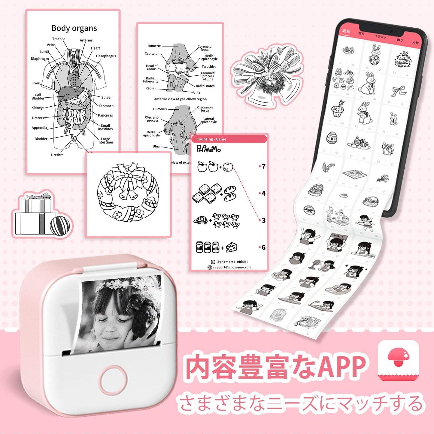 Memoking T02 モバイルプリンター ミニプリンター サーマルプリンター 手帳プリンター 勉強用 プリンター 203dpi スマホ専用 モノクロ 感熱式 フォトプリンター 充電でき ギフト プレゼント葉書 写真 メモ 手帳 リスト 予定表 53mm幅 カラーロール紙3個付 ピンク