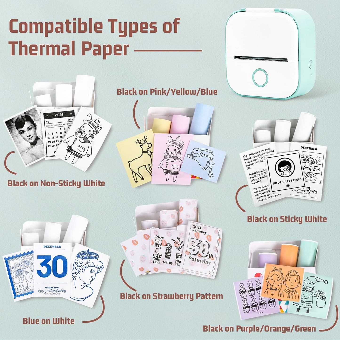 T02 Receipt Printer - Mini Portable Bluetooth Wireless Pocket Thermal Printer, 203dpi Handy Printer for Journal, Photos, Notes, Students Gifts, Compatible with iOS & Android, Green
