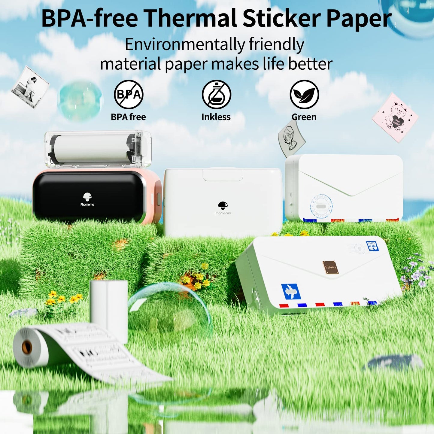 Memoking Colorful Thermal Sticker Paper, 80mm x 3.5m/Roll, for M03 M03AS M04S M04AS Mini Printer, Mint Green/Lavender Purple/Light Orange, 3 Rolls, Compatible with Phomemo Printer Paper