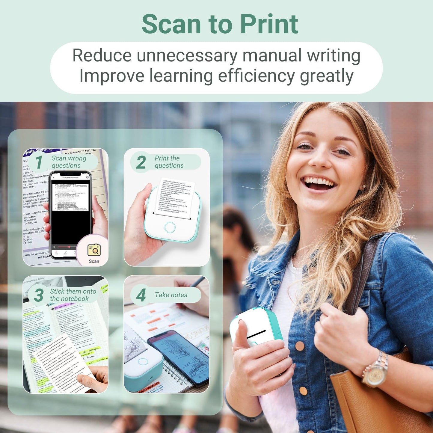 T02 Receipt Printer - Mini Portable Bluetooth Wireless Pocket Thermal Printer, 203dpi Handy Printer for Journal, Photos, Notes, Students Gifts, Compatible with iOS & Android, Green
