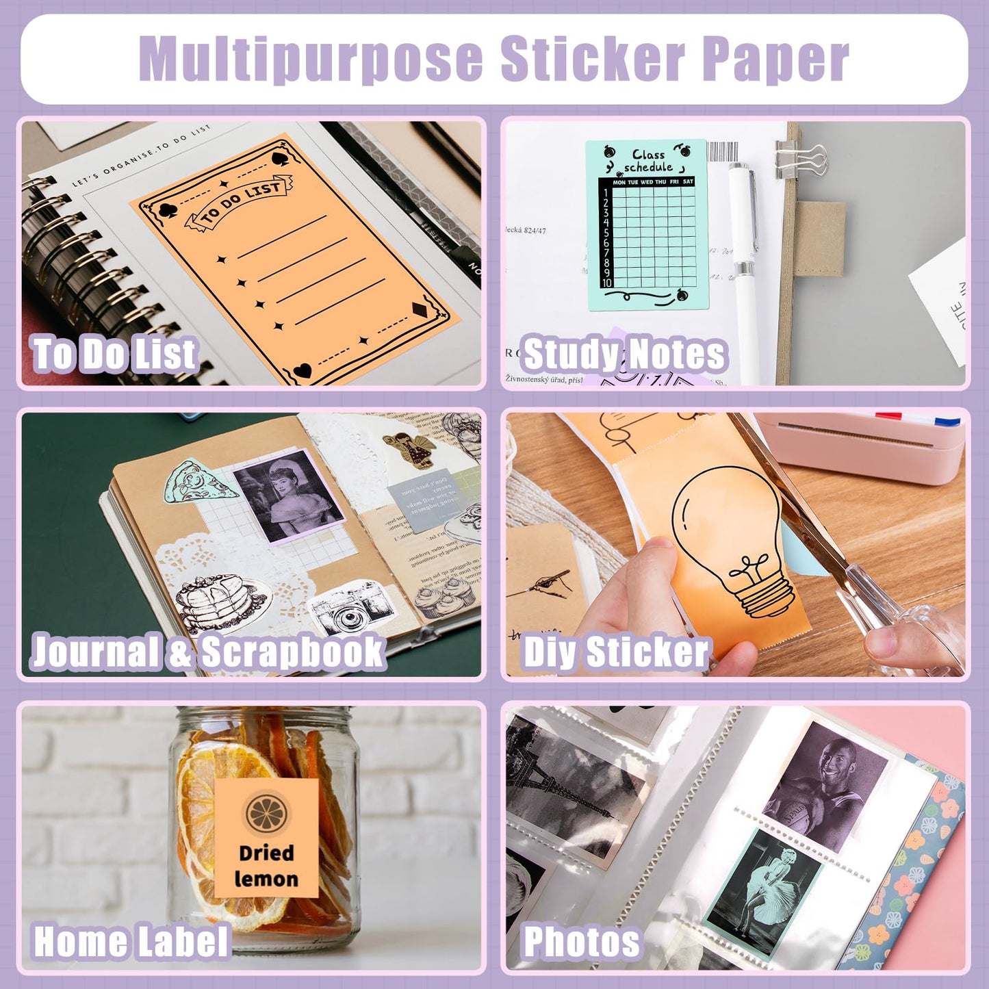 Memoking M02 Thermal Printer Sticker, for T02 M02 M02Pro M02D M02S M03 M03AS M04S Mini Printer, Compatible with Phomemo Paper M02, Green/Purple/Orange Sticker Paper, 50mm x 3.5m/Roll, 3 Rolls