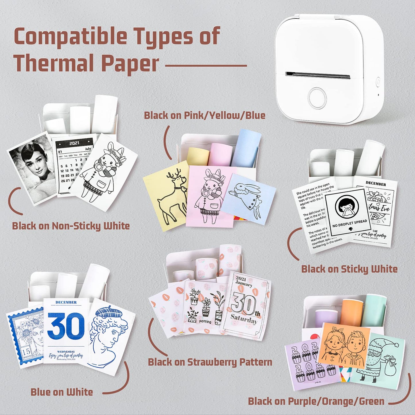 T02 Mini Pocket Printer - Bluetooth Wireless Portable Mobile Thermal Receipt Printer Compatible with iOS & Android for Student Women Gift, Photos, Journal, Fun, Work, Receipt, White
