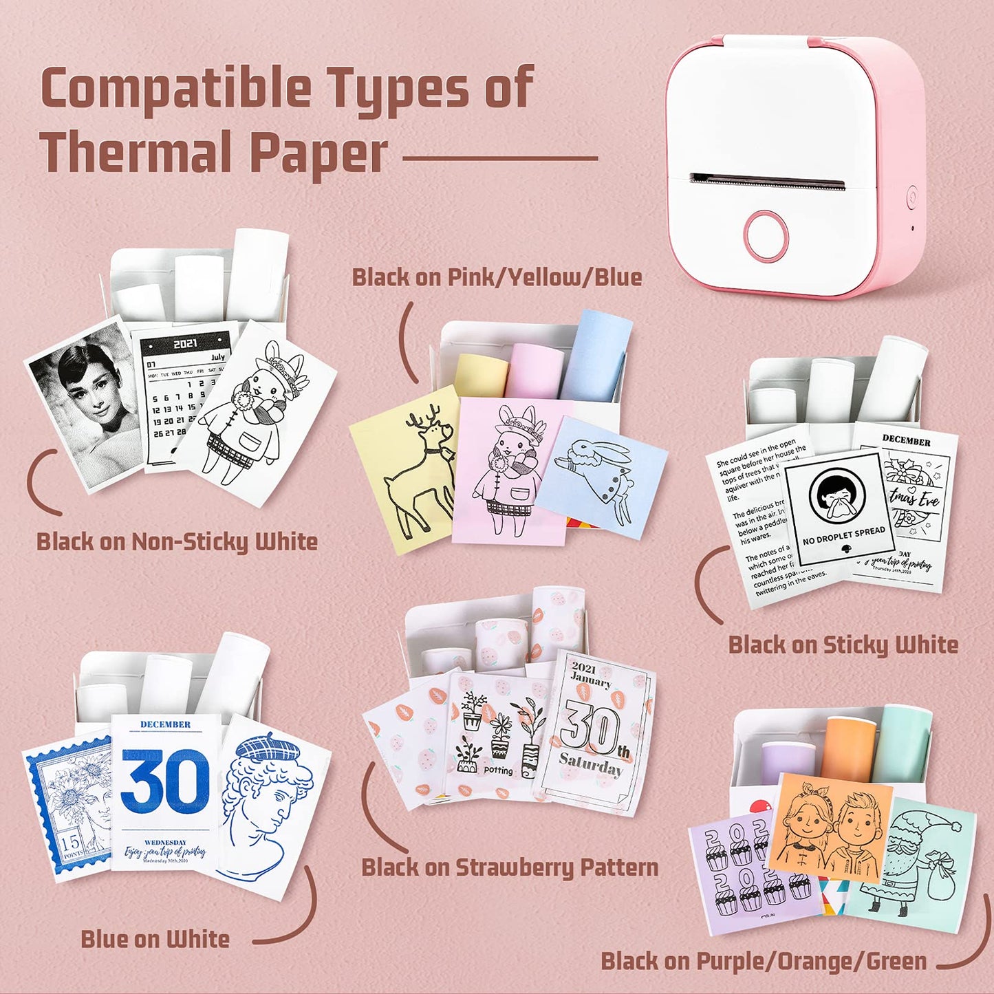 Mini Thermal Printer - T02 Pocket Compact Wireless Bluetooth Portable Mobile Receipt Printer Compatible with iOS & Android for Photos, Study Notes, Journal, Receipt, Small Gift, Pink