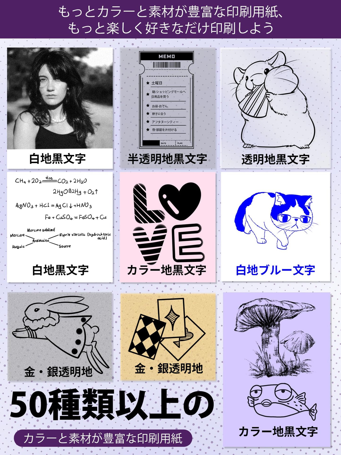 サーマルプリンター M02 ミニプリンター スマホ対応 モバイルプリンター 感熱プリンター メモプリンター コンパクトプリンター フォトプリンター Bluetooth接続 学習ノート/はがき/写真アルバム/手帳/メモ/買い物リストに使用 専用アプリ 日本語対応 3本ロール状の感熱紙が付属 フォメモ パープル