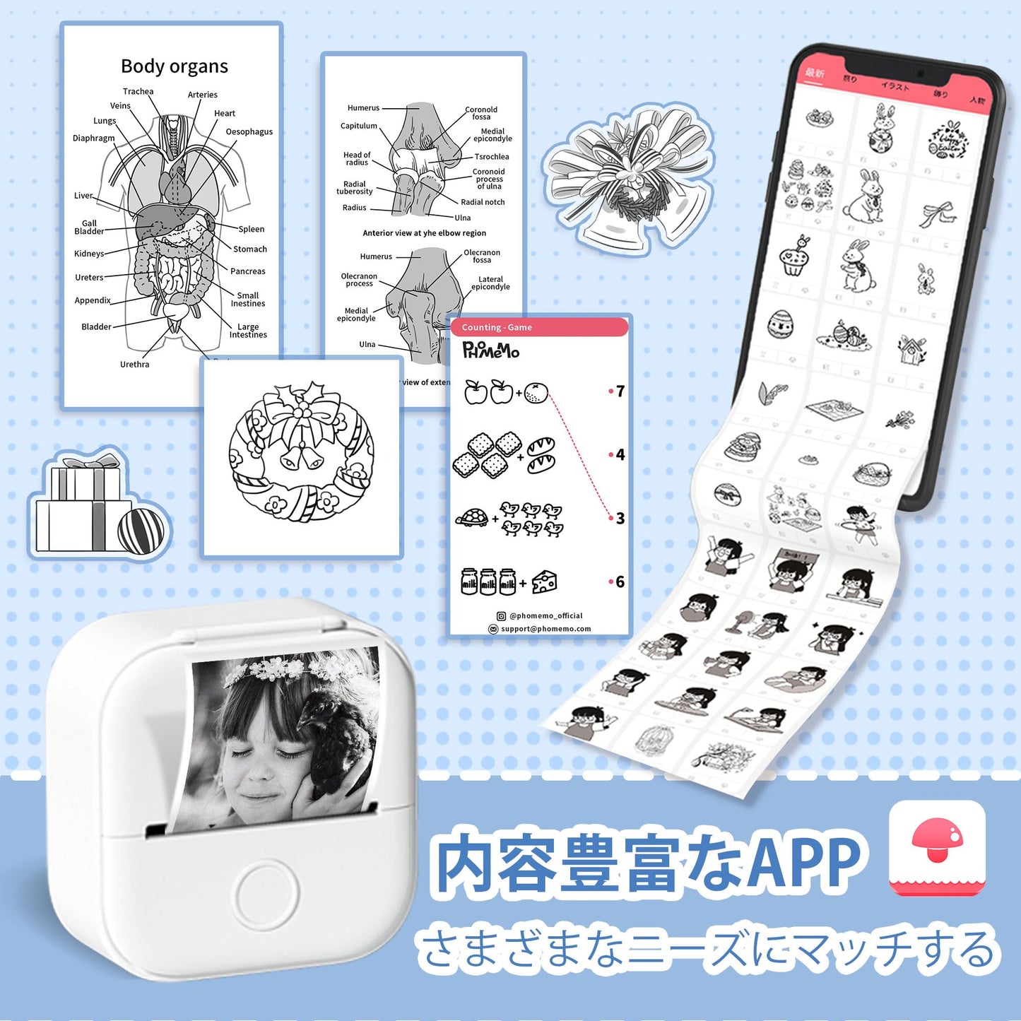 Memoking T02 ミニプリンター サーマルプリンター スマホプリンター メモプリンター 感熱プリンター 手帳プリンター 勉強用 プリンター 203dpi スマホ専用 モノクロ 感熱式 フォトプリンター 充電でき ギフト プレゼント葉書 写真 メモ 手帳 リスト 予定表 53mm幅 自宅学習 プレゼント 携帯プリンター フォメモ カラーロール紙3個付 ホワイト