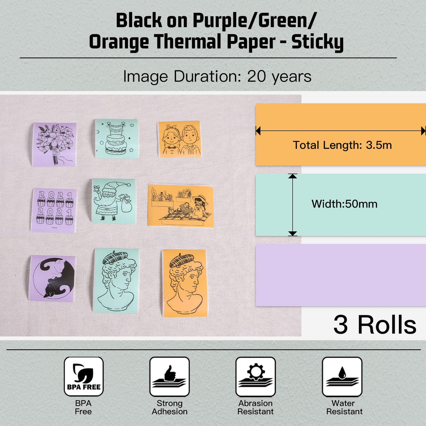 Memoking T02/M02X/M02L Purple/Green/Orange Thermal Paper - 20 Years Sticky 50mm x 3.5m for Journal Photo Texts, Study Notes & More, 3 Rolls