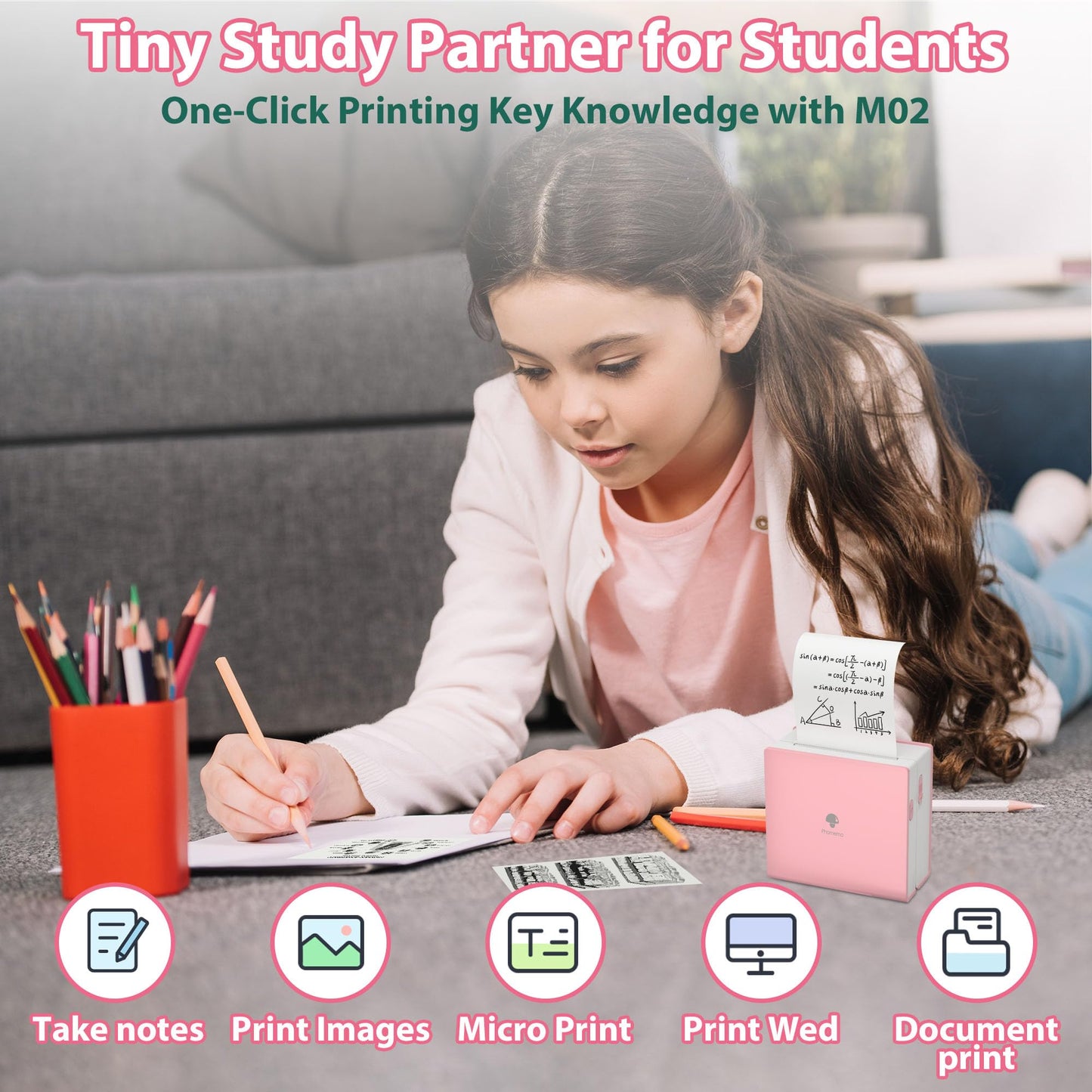 Memoking Sticker Printer - Thermal Mini Printer Portable Sticker Printer, Inkless Bluetooth Printer, M02 Pocket Printer Machine for Pad&Phone,Print Pods Sticker Printer for Study, Memos,Sticker,Photos