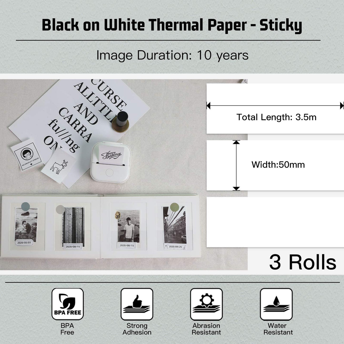 Memoking T02/M02X/M02L White Thermal Paper-10-Year Sticky 50mmx3.5m for Journal Photo Texts Study Notes and More, 3 Rolls.