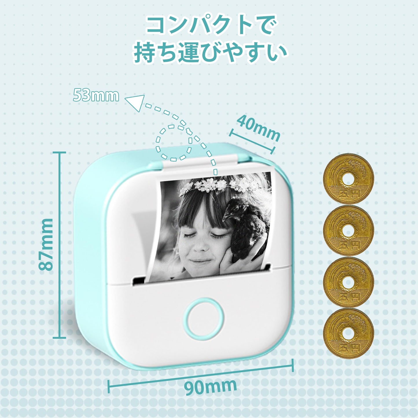 Memoking T02 ミニプリンター サーマルプリンター モバイルプリンター ラベルプリンター スマホ対応 メモプリンター 手帳プリンター 勉強用 プリンター 203dpi スマホ専用 モノクロ 感熱式 フォトプリンター 充電でき ギフト プレゼント葉書 写真 メモ 手帳 リスト 予定表 53mm幅 カラーロール紙3個付 グリンー