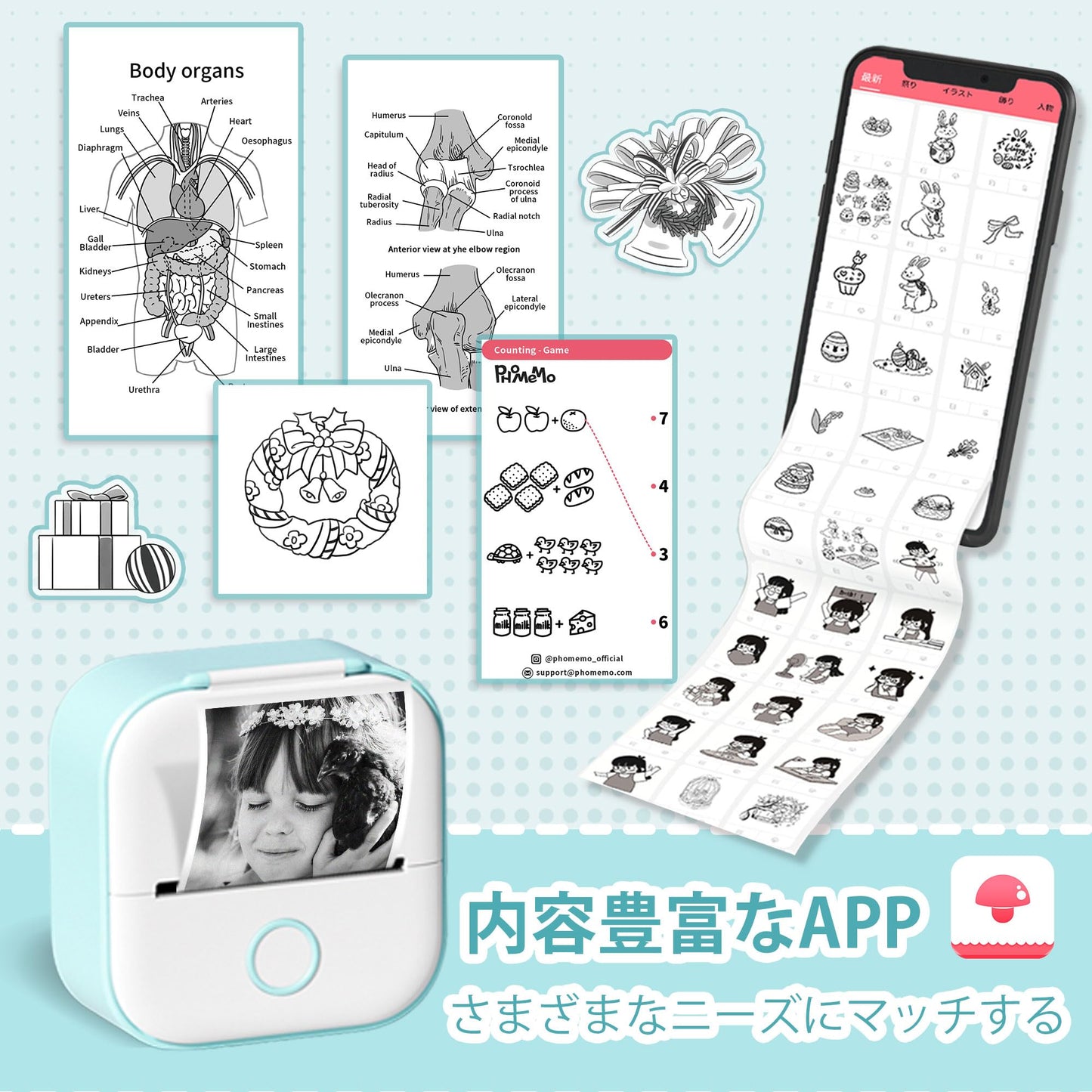 Memoking T02 サーマルプリンター モバイルミニプリンター スマホ対応 ラベルプリンター 感熱プリンター 勉強用 203dpi スマホ専用 モノクロ 感熱式 フォトプリンター 充電でき 葉書 写真 メモ 手帳 リスト ノート 予定表 クリスマスプレゼント ギフトグリンー