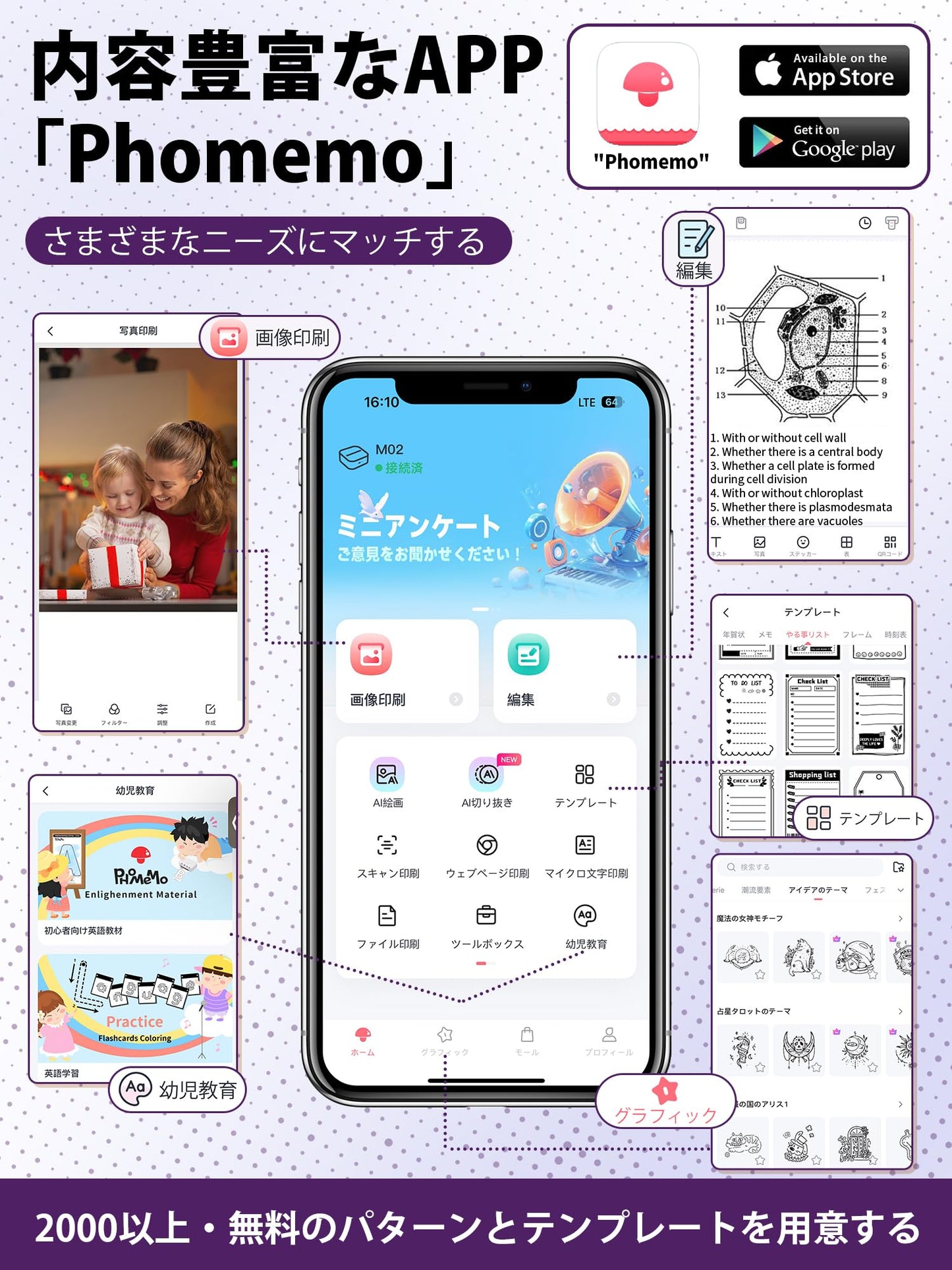 サーマルプリンター M02 ミニプリンター スマホ対応 モバイルプリンター 感熱プリンター メモプリンター コンパクトプリンター フォトプリンター Bluetooth接続 学習ノート/はがき/写真アルバム/手帳/メモ/買い物リストに使用 専用アプリ 日本語対応 3本ロール状の感熱紙が付属 フォメモ パープル
