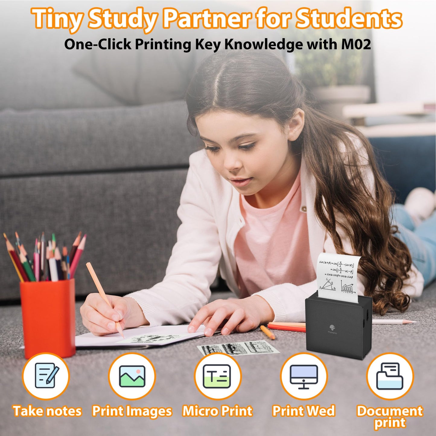Memoking Thermal Mini Printer - M02 Photo Printer with Tape 1 Roll - 2'' Inkless Pocket Printer for Phone & Pad, Fun Gift for Teens, Notes Buddy Sticker Maker Machine for Photos,Memo,DIY,Journal