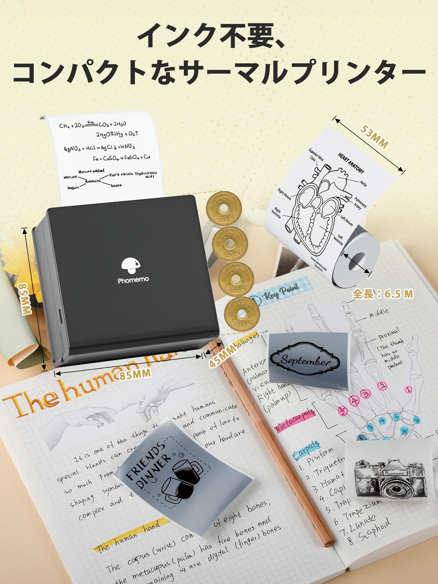 サーマルプリンター M02 ミニプリンター スマホ対応 Memoking モバイルプリンター 感熱プリンター メモプリンター コンパクトプリンター フォトプリンター Bluetooth接続 学習ノート/はがき/写真アルバム/手帳/メモ/買い物リストに使用 専用アプリ 日本語対応 3本ロール状の感熱紙が付属 フォメモ ブラック