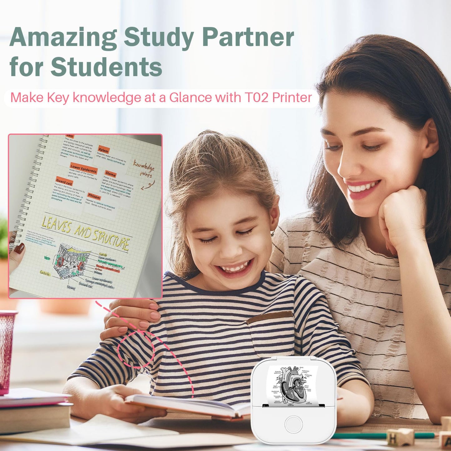 T02 Mini Printer - Bluetooth Inkless Instant Photo Printer, Small Thermal Pocket Sticker Printer, Portable Phone Picture Printer, for Kids Birthday, Children, White