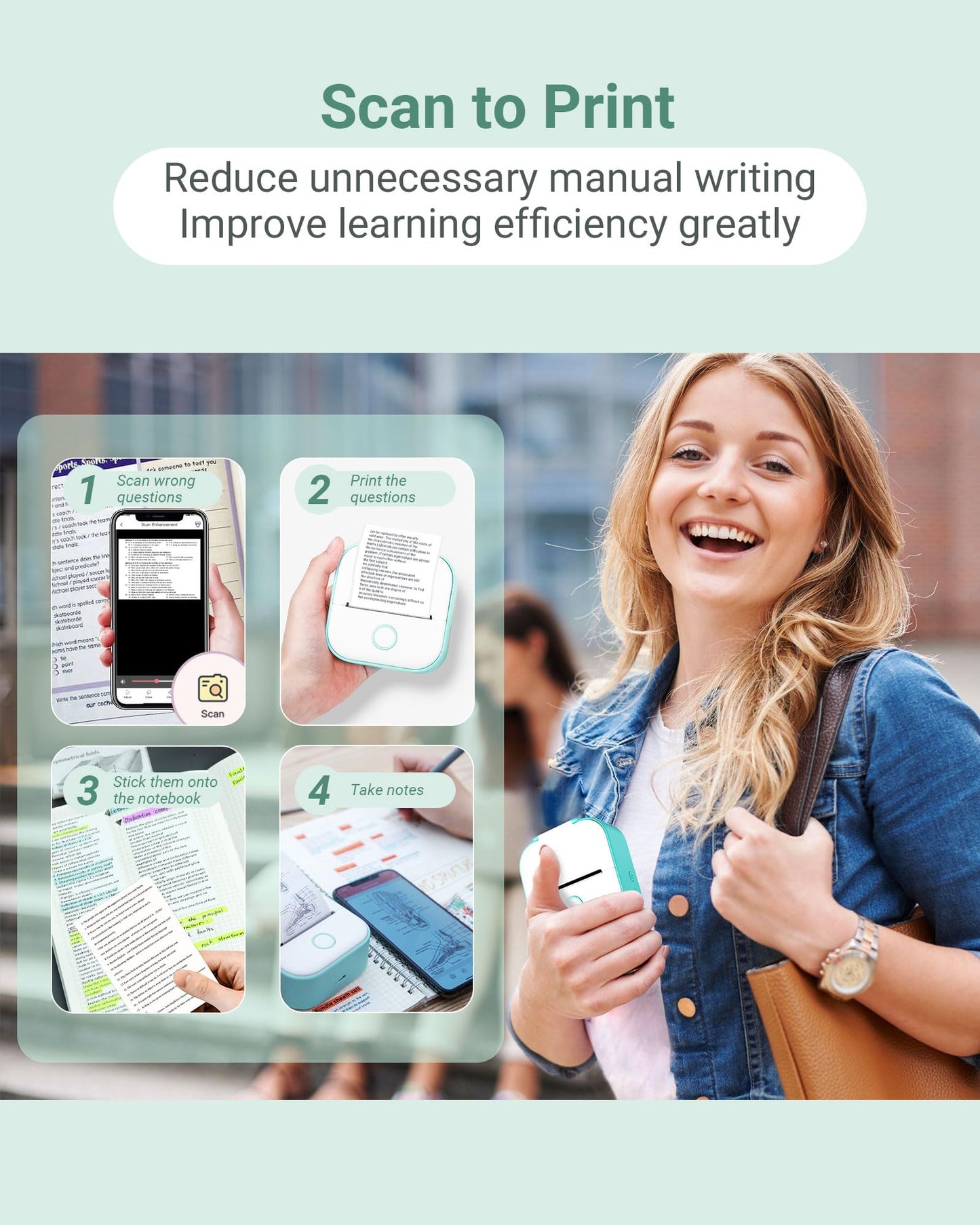 T02 Impresora Portátil de Mini Pegatina, Impresora Fotográfica Térmica para Aprender, Notas, Imágenes, Fotos, Revistas, Compatible con Tabletas Móviles, Verde