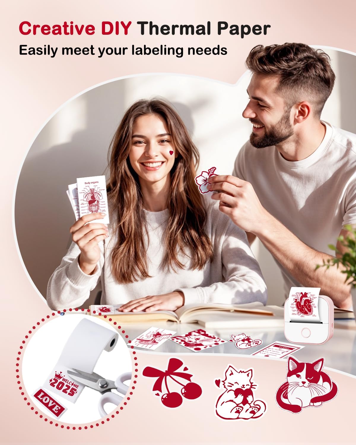 Memoking T02 / M02X / M02L Red on White Thermal Paper Roll, T02 Mini Printer Sticker Paper, T02 Sticker Paper, T02 Mini Printer Paper, T02 Printer Paper Color, 2-Year Sticky 50mm x 3.5m, 3 Rolls