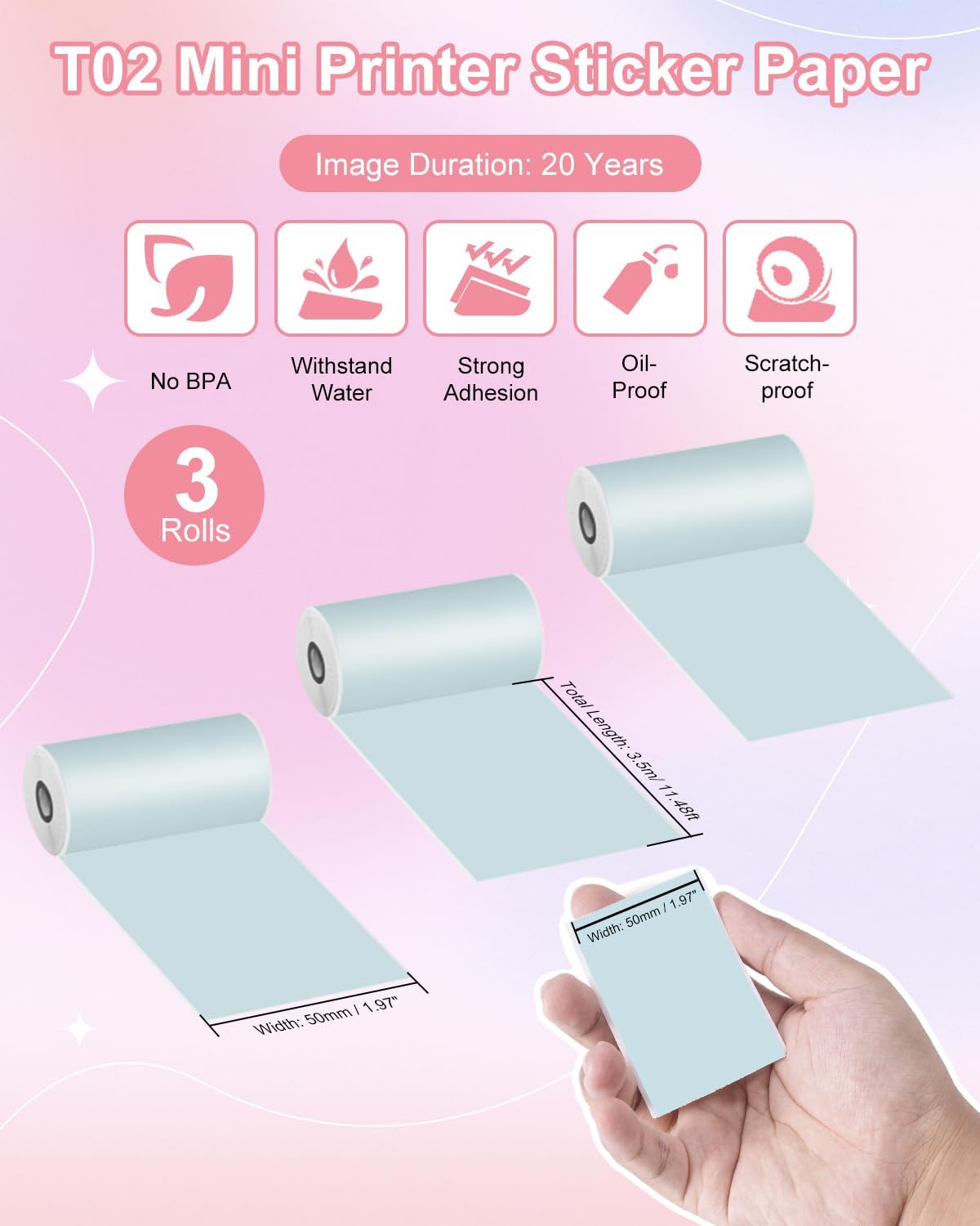 Memoking T02 / M02X / M02L Sticker Paper - Light Green Sticky T02 Mini Printer Sticker Paper Refill, 50 mm x 3.5 m, Keep for 20 yrs, for Journal Photo Study Notes, 3 Rolls