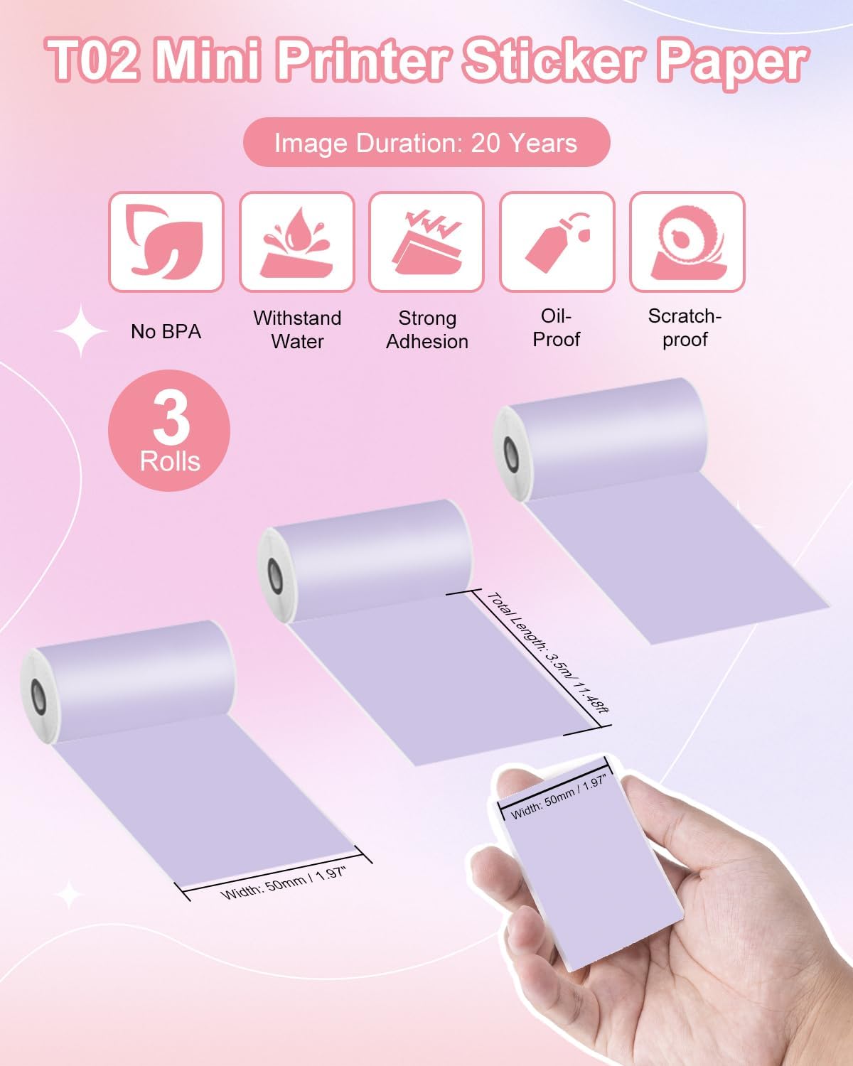 Memoking T02 / M02X / M02L Sticker Paper - Purple Sticky T02 Mini Printer Sticker Paper Refill, 50 mm x 3.5 m, Keep for 20 yrs, for Journal Photo Study Notes, 3 Rolls