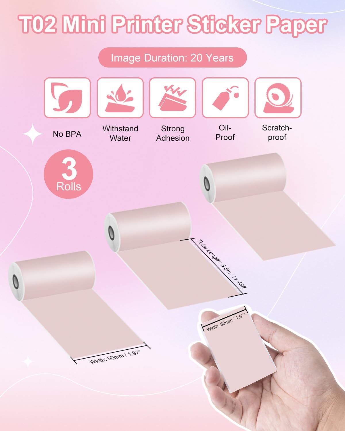Memoking T02 / M02X / M02L Sticker Paper - Pink Sticky T02 Mini Printer Sticker Paper Refill, 50 mm x 3.5 m, Keep for 20 yrs, for Journal Photo Study Notes, 3 Rolls