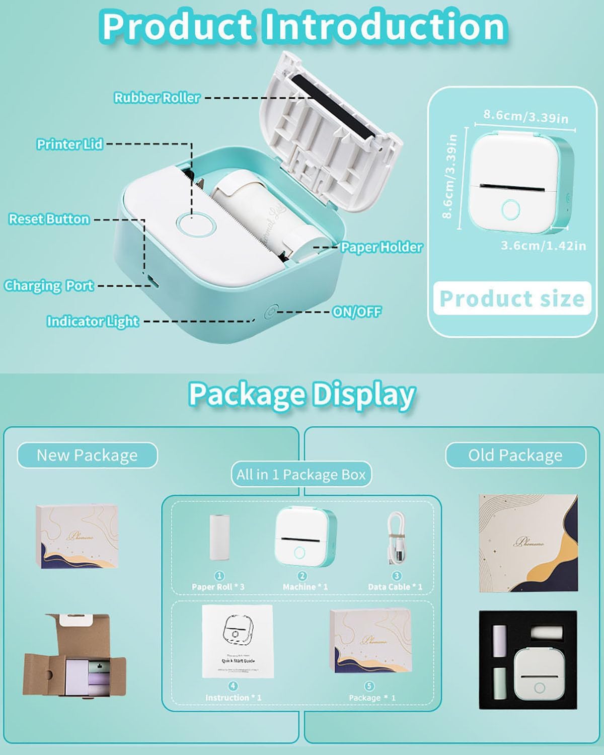 Print Pods Mini Printer - T02 Sticker Printer, Portable Thermal Inkless Label Maker Machine, Pocket Phone Adhesive Labeler for Study Graphic, Anatomical Diagram, Photo, Receipt, Green