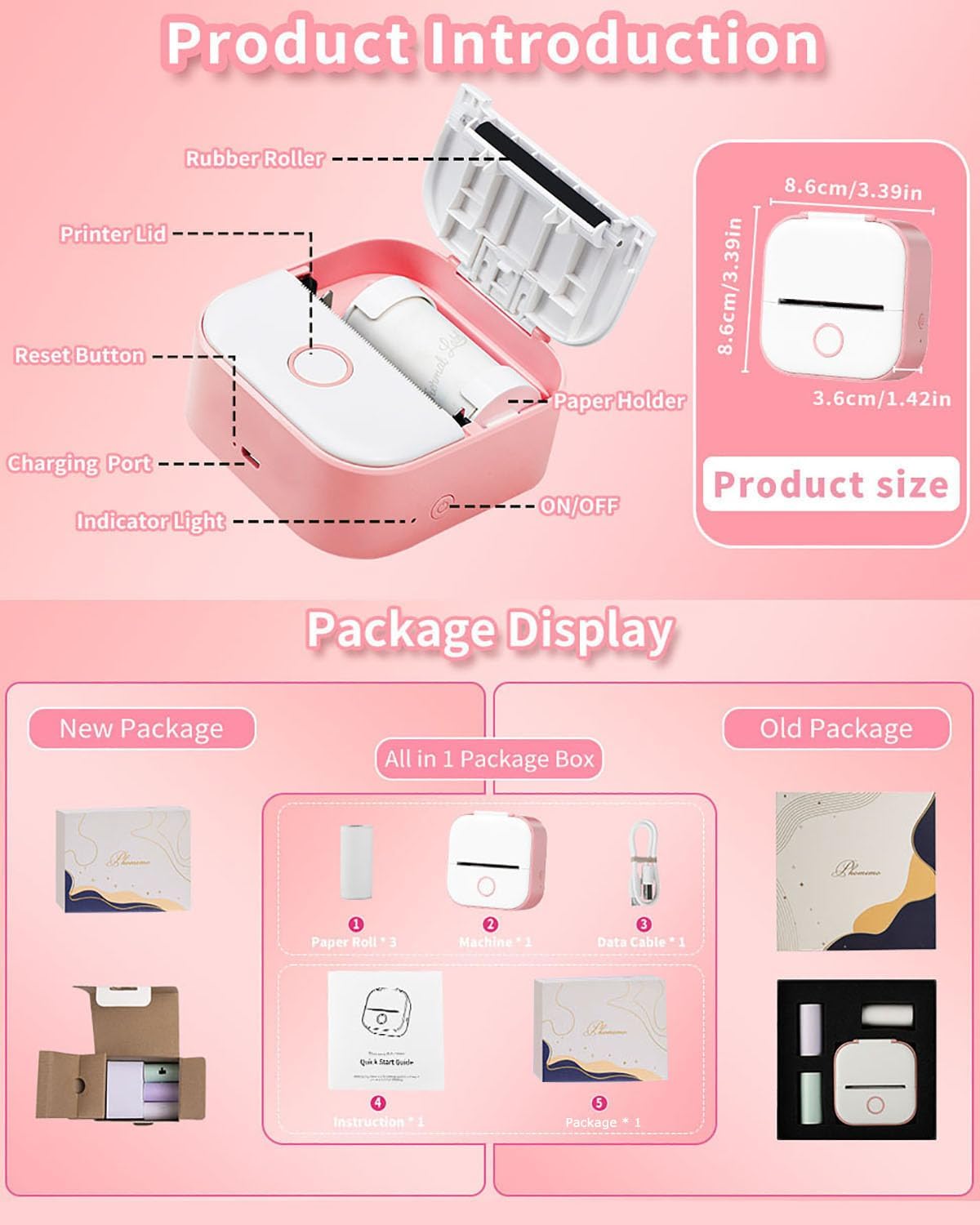 Sticker Printer - T02 Inkless Sticker Maker Machine, Mini Portable Thermal Label Maker, Pocket Memo Receipt Printer for Study Graphics, Anatomical Diagrams, Photos, Pink