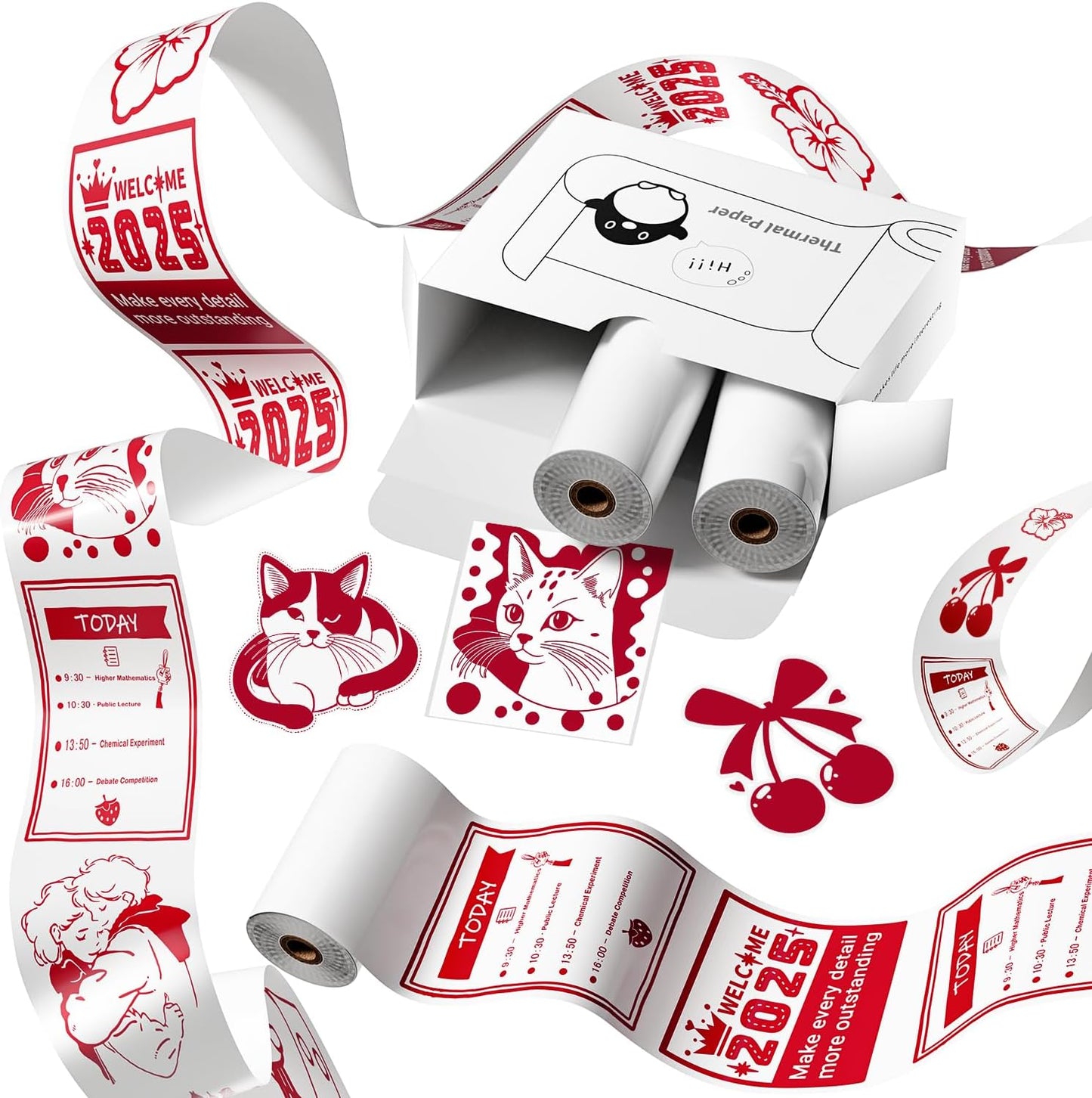 Memoking T02 / M02X / M02L Red on White Thermal Paper Roll, T02 Mini Printer Sticker Paper, T02 Sticker Paper, T02 Mini Printer Paper, T02 Printer Paper Color, 2-Year Sticky 50mm x 3.5m, 3 Rolls