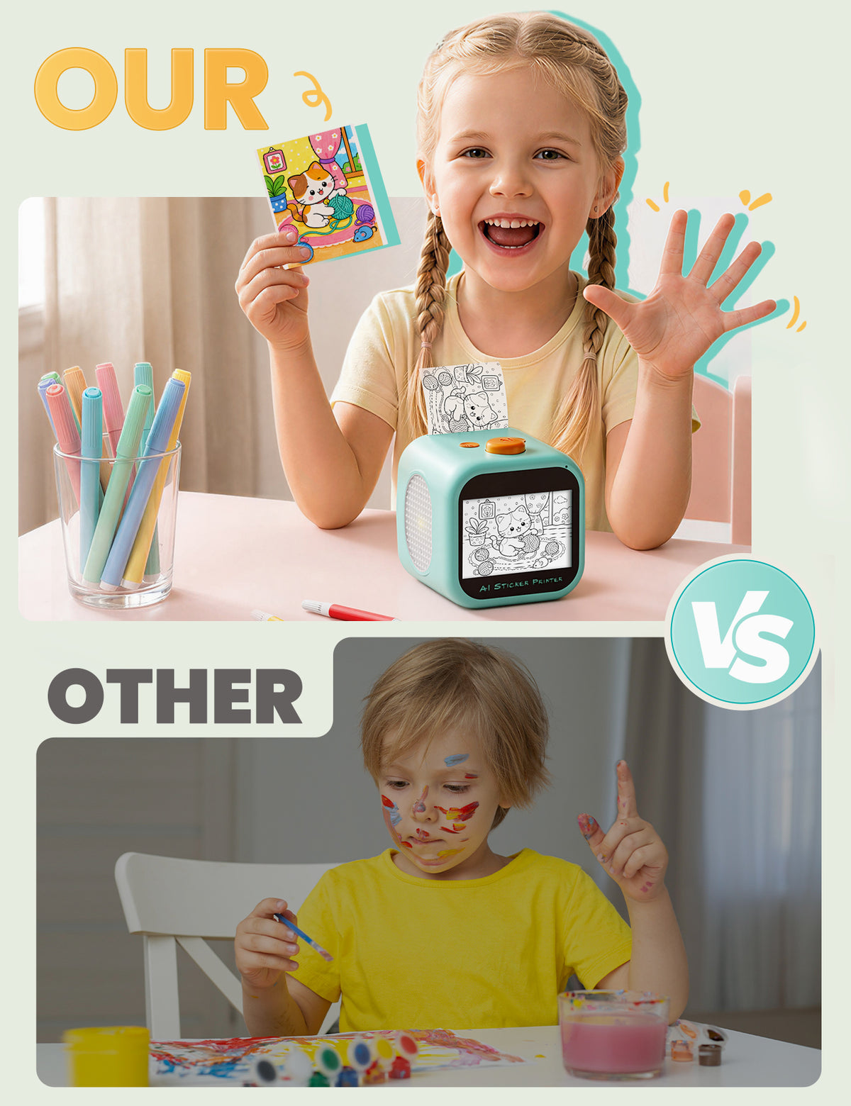AI Voice Sticker Printer for Kids, Thermal Sticker Maker Box, DIY AI Mini Printer, Touchscreen Inkless, Sticker Maker Machine Box with 2 Paper Rolls & 4 Watercolor Pens Gift for Boys & Girls