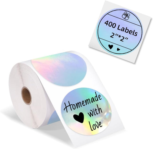 Memoking 2” Holographic Silver Circle Thermal Label, Self-Adhesive Round Label, Circular Direct Thermal Printer Label for Logo Design, Name/Price Tag, Thanks Card,Address, QR Code, 400 Labels/Roll