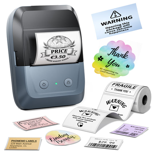 Memoking Etikettendrucker Selbstklebend, Bluetooth Label Printer mit 2000 Symbolen und 300 Vorlagen,Thermo Sticker Labeldrucker für Einzelhandel, kleine Unternehmen, Schule, Heim mit Handys & PC
