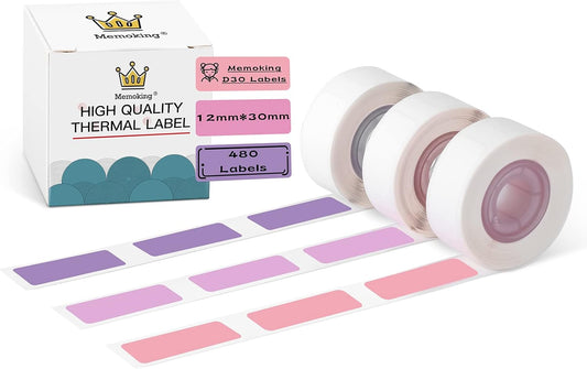 D30 Label Maker Tape - Compatible with Memoking/Phomemo D30 Label Printer Machine, 12x30mm Waterproof Thermal Printer Labels, Purple/Rose Red/Pink Sticker Machine Label, 3 Rolls