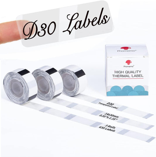 Clear D30 Label Maker Tape - Transparent D30 Label Maker Tape 14x30mm / Clear Memoking D30 Label Paper Compatible with Phomemo D30 Label Tape - 3 Rolls Clear D30 Labels (0.55x1.18,210PCS/Roll)