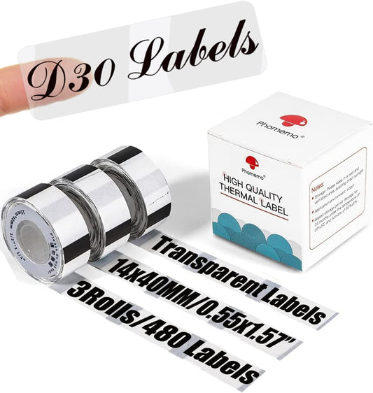 D30 Clear Label - D30 Transparent Thermal Label Tape 14mmx40mm(0.55" x 1.57") Compatible with Phomemo/Memoking D30 Printer Adhesive Clear Label Paper, for Labeling Cosmetics, Storage, Stationary