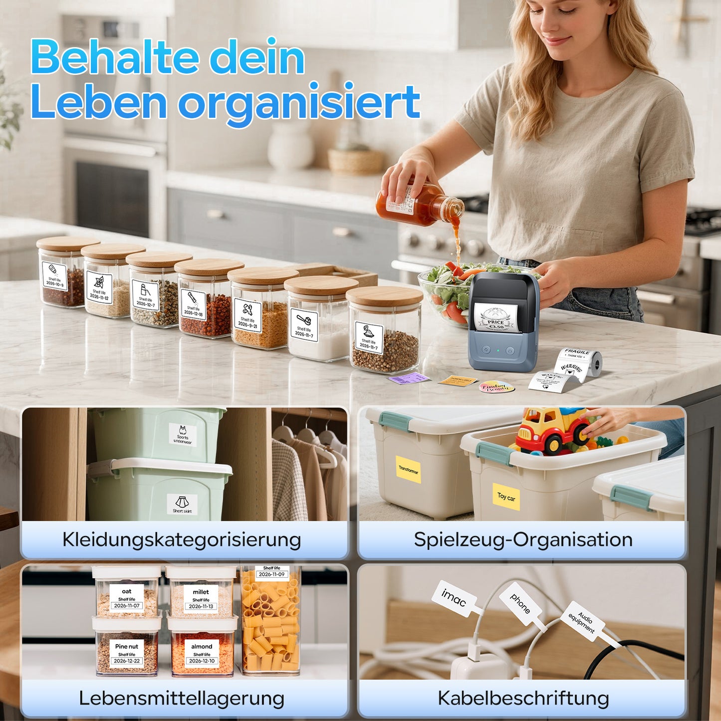 Memoking Etikettendrucker Selbstklebend, Bluetooth Label Printer mit 2000 Symbolen und 300 Vorlagen,Thermo Sticker Labeldrucker für Einzelhandel, kleine Unternehmen, Schule, Heim mit Handys & PC