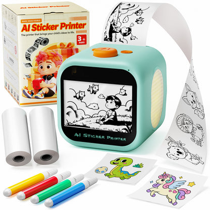 AI Voice Sticker Printer for Kids, Thermal Sticker Maker Box, DIY AI Mini Printer, Touchscreen Inkless, Sticker Maker Machine Box with 2 Paper Rolls & 4 Watercolor Pens Gift for Boys & Girls