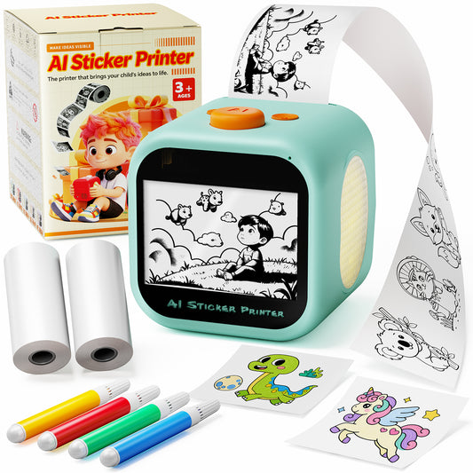 AI Voice Sticker Printer for Kids, Thermal Sticker Maker Box, DIY AI Mini Printer, Touchscreen Inkless, Sticker Maker Machine Box with 2 Paper Rolls & 4 Watercolor Pens Gift for Boys & Girls