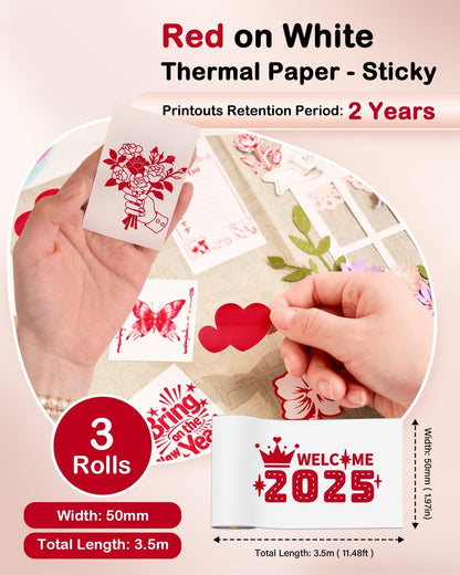 Memoking T02 / M02X / M02L Red on White Thermal Paper Roll, T02 Mini Printer Sticker Paper, T02 Sticker Paper, T02 Mini Printer Paper, T02 Printer Paper Color, 2-Year Sticky 50mm x 3.5m, 3 Rolls