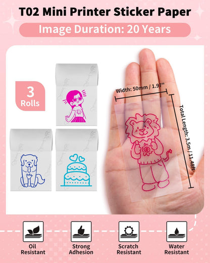 Memoking T02 Color Sticker Paper - Colorful Transparent Sticky T02 Mini Printer Sticker Paper Refill, 50 mm x 3.5 m, Keep for 20 yrs, for Journal Photo Study Notes, 3 Rolls