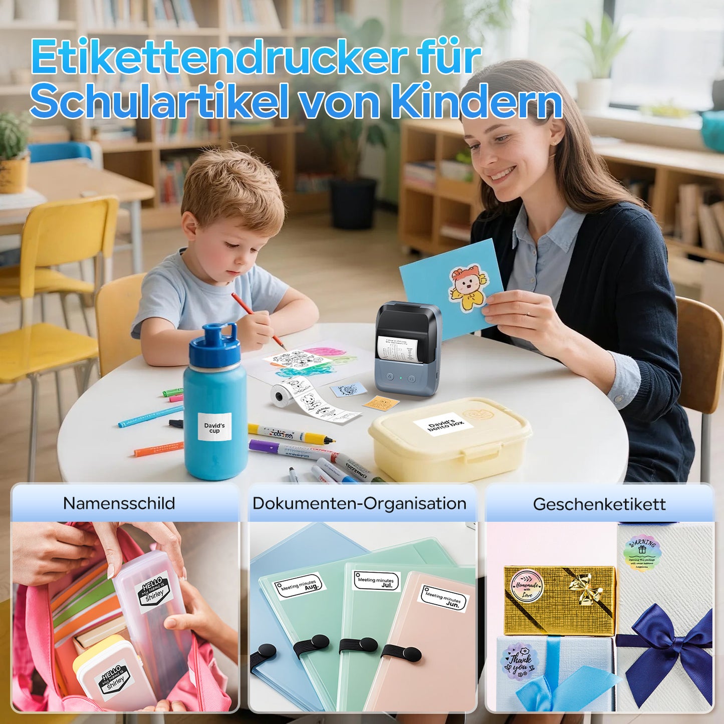 Memoking Etikettendrucker Selbstklebend, Bluetooth Label Printer mit 2000 Symbolen und 300 Vorlagen,Thermo Sticker Labeldrucker für Einzelhandel, kleine Unternehmen, Schule, Heim mit Handys & PC