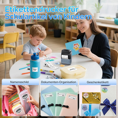 Memoking Etikettendrucker Selbstklebend, Bluetooth Label Printer mit 2000 Symbolen und 300 Vorlagen,Thermo Sticker Labeldrucker für Einzelhandel, kleine Unternehmen, Schule, Heim mit Handys & PC