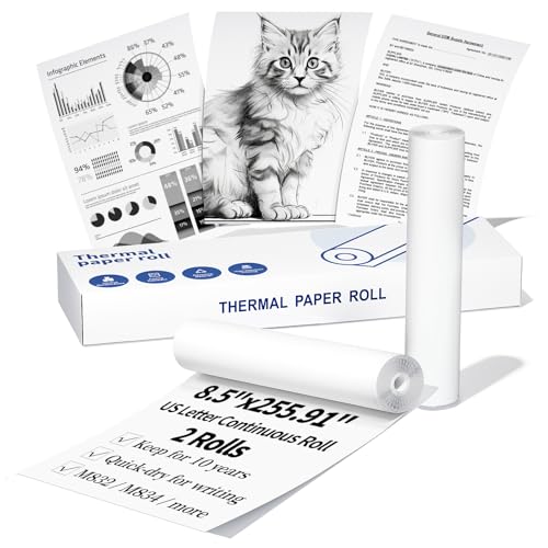US Letter Continuous Thermal Paper Roll - 8.5''/216mm Letter Paper, Compatible with Phomemo M832 M831 M833 M834 M835 Thermal Printer for Documents Contracts, 255.91''/6.5m Long per Roll (2 Rolls)