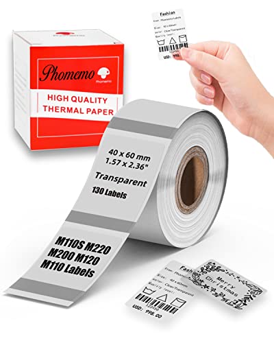 Memoking M110 Thermal Labels - Transparent Thermal Label Paper (40x60mm) for M110 M220 M120 M200 M221 M110S Label Printer, Clear Thermal Sticker Labels Compatible with Phomemo Printer, 130PCS/Roll