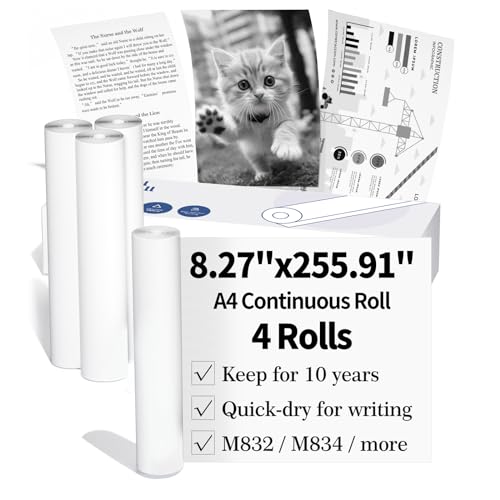 A4 Kontinuierlich Thermopapierrolle - 8,27''/210mm Schnell Trocknendes Druckerpapier, Kompatibel mit Phomemo M832 M831 M833 M834 M835 Drucker, 255,91''/6,5m Lang pro Rolle (4 Rollen)