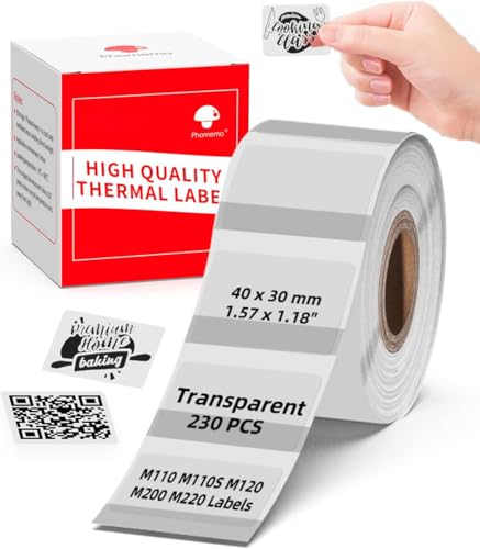 Memoking Thermal Labels - Transparent M110 Thermal Label Paper for M110 M220 M120 M200 Label Printer, (40mmx30mm) Thermal Sticker Labels Compatible with Phomemo M110 Labels, 230PCS/Roll
