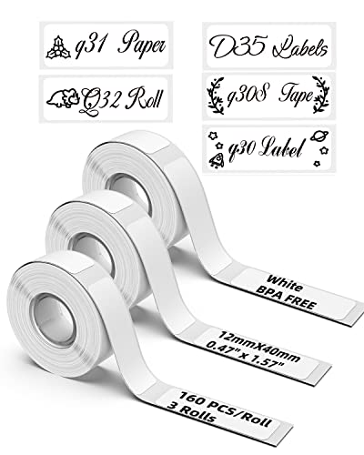Memoking White Q30S Labels - D35 Label Tape for Q30 / Q30S / Q31 / Q32 / D35 Labels - 0.47''x1.57''(12x40mm) - Q30S Label Tape Compatible with Phomemo Q30S D35 Label Maker Tape - 3 Rolls,160 Labels/Roll