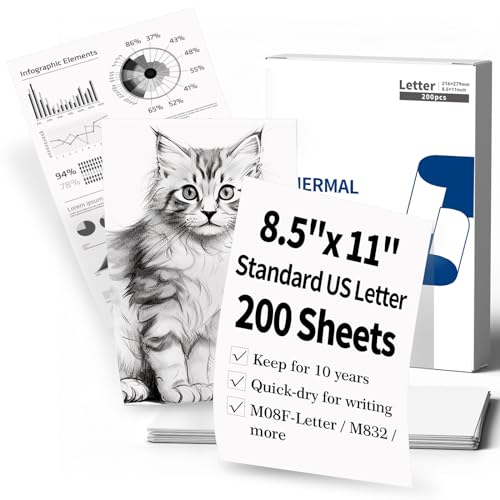 US Letter Thermopapier - 8,5'' x 11'' Quick-Dry Letter Papier, Kompatibel mit Phomemo M08F-Letter M832 M831 M833 M834 M835 Q301 Q302 & Brother-Letter Thermodrucker für Dokumente Verträge, 200 Blatt