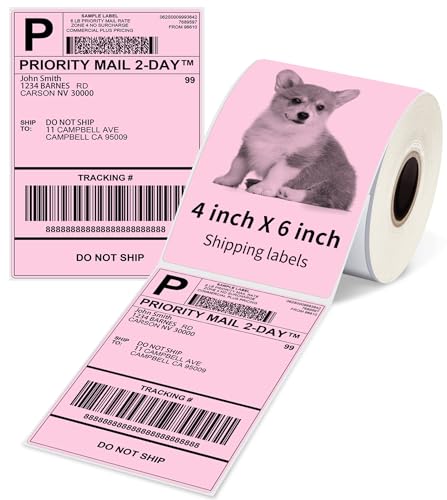 Pink Shipping Labels, Thermal Labels 4x6-500 PCS/Roll, Compatible with Phomemo 241BT, MUNBYN, Jadens, Rollo, Zebra, Nelko, Permanent Adhesive Pink Mailing Labels for Shipping Packages