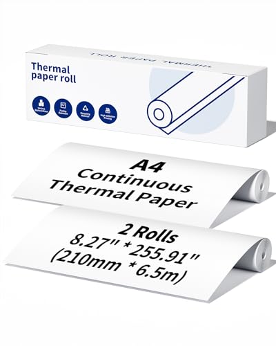 A4 Kontinuierlich Thermopapier Rolle - 8,27''/210mm Schnell Trocknendes Druckerpapier, Kompatibel mit Phomemo M832 M831 M833 M834 M835 Drucker, 255,91''/6,5m Lang pro Rolle (2 Rollen)