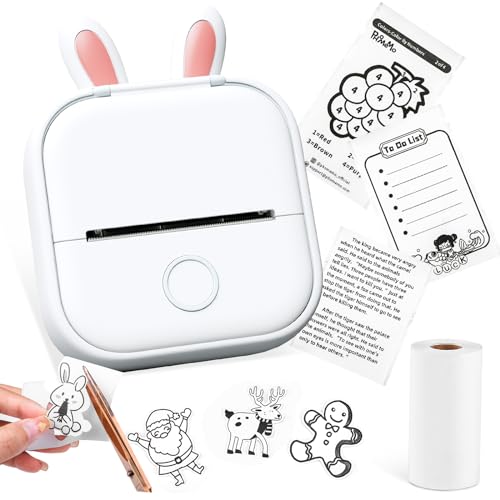 Mini Printer - T02 Bluetooth Inkless Instant Photo Printer, Small Thermal Pocket Sticker Printer, Portable Mobile Phone Picture Printer, for Students, Christmas Gift, White (Bunny Case Not Included)