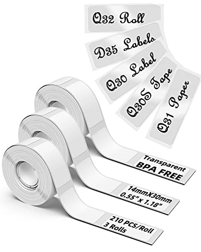 Clear Q30S Label Tape - D35 Labels for Q30 / Q31 / Q32 / Q30S / D35 Label Maker Tape - 14x30mm - Memoking Q30S Labels Compatible with Phomemo D35 Label Tape Transparent Q30S - 3 Rolls, 210 Labels/Roll