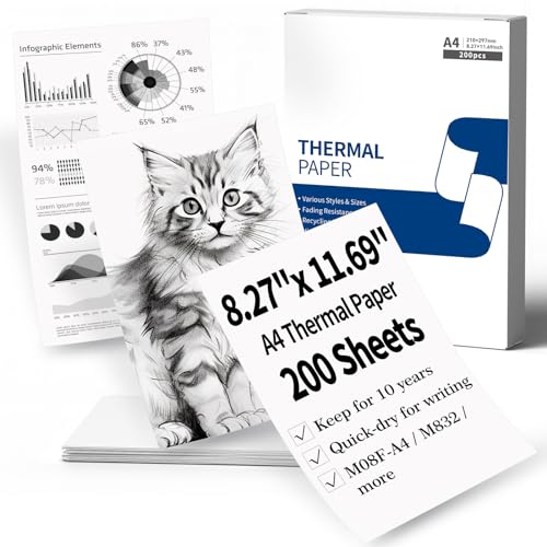 A4 Thermopapier - 8.27'' x 11.69'' (210mm x 297mm) Schnell Trocknendes Druckpapier, Kompatibel mit Phomemo M08F-A4 M832 M831 M833 M834 M835 Q301 Q302 Thermodrucker für Dokumente Verträge, 200 Blatt